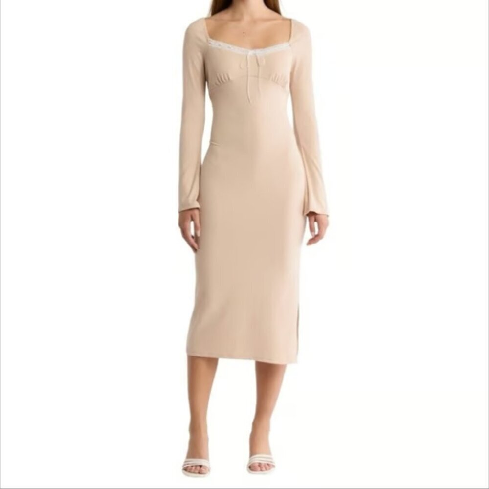 Lush Cream Neutral Beige Lace Neck Babydoll Wedding Homecoming Dress sz L NWT